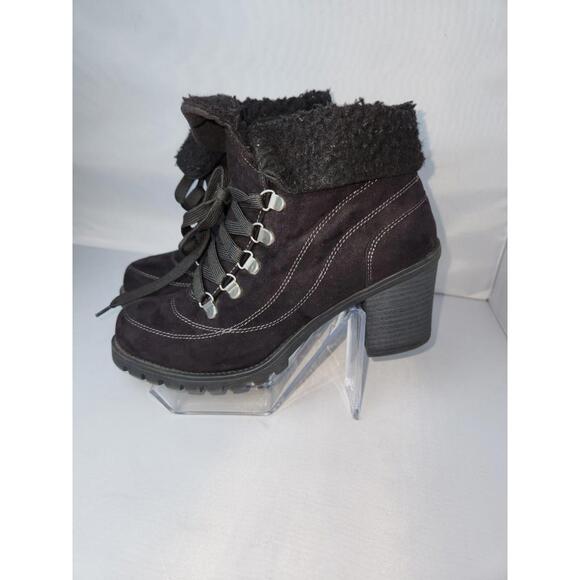 Jellypop Black Combat Ankle Boots Size 9.5M Lug Sole Heeled Sherpa Lined - Picture 9 of 14